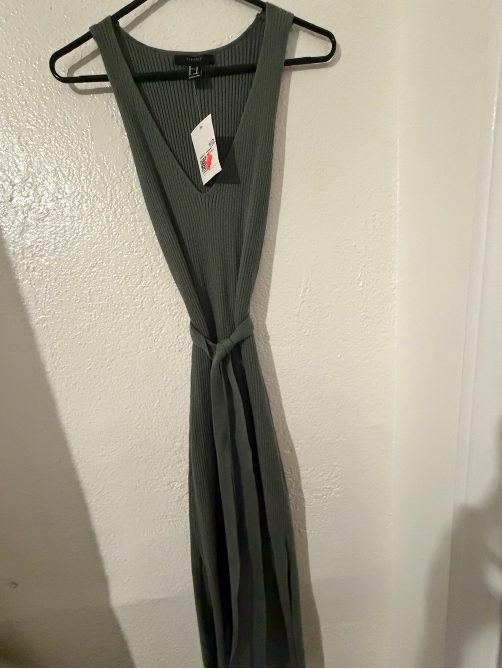 Ribbed V-Neck Sleeveless Tie-Waist Dress - Olive Green forever 21